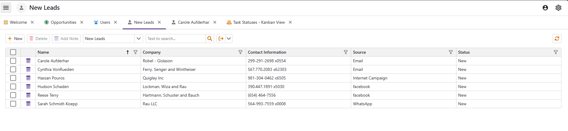 A screen from Tide CRM, which shows a list of "new leads". These are randomly generated data, so the names, phone numbers and email addresses are entirely fictitious. The application has been put into the "Blazing Berry" theme, so the screen is white with purple icons.